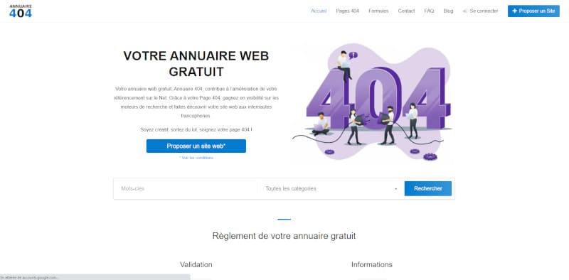 Capture de la page d'accueil du site annuaire404.com