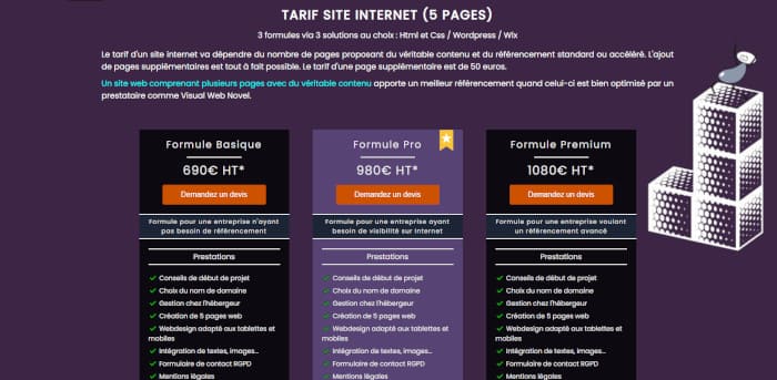 Tarifs du prestataire web VWN