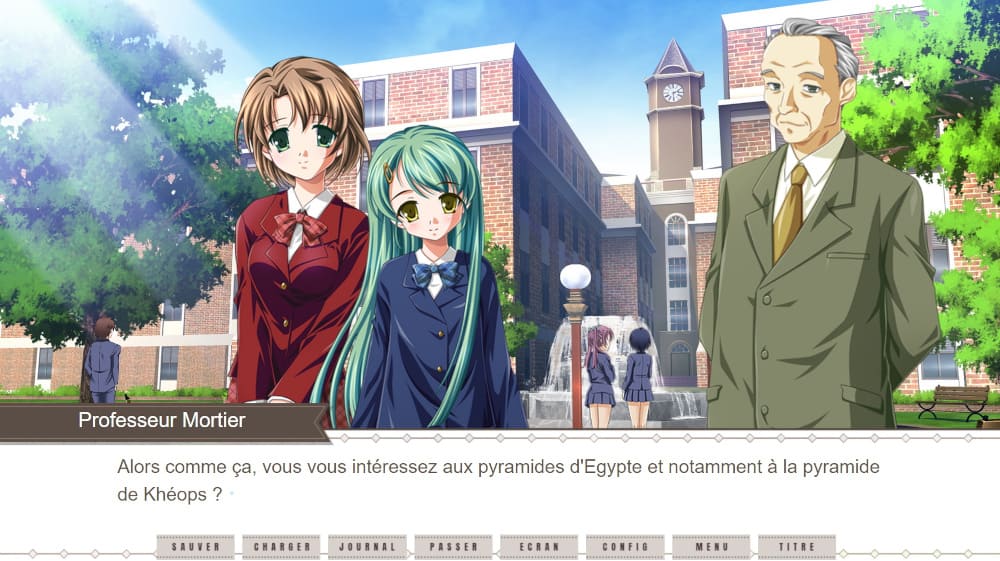 Capture d'une scène à l'université dans le visual novel Grandes Pyramides